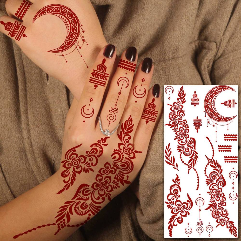 1 Sheet Indian Henna Mandala Ramadan Mubarak Kareem Red Brown Temporary Tattoos For Women Men Adults Hands Foot Forearm Arm Body Art Makeup, Semi Permanent Temp Fake Tattoo Stickers Waterproof Long Lasting Realistic Tatoos For Festival Party Accessory