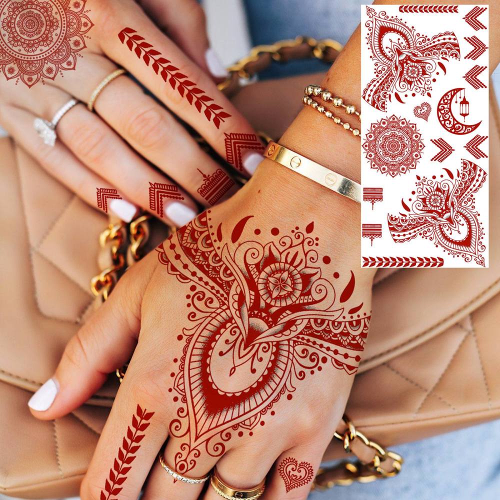 1 Sheet Indian Henna Mandala Ramadan Mubarak Kareem Red Brown Temporary Tattoos For Women Men Adults Hands Foot Forearm Arm Body Art Makeup, Semi Permanent Temp Fake Tattoo Stickers Waterproof Long Lasting Realistic Tatoos For Festival Party Accessory
