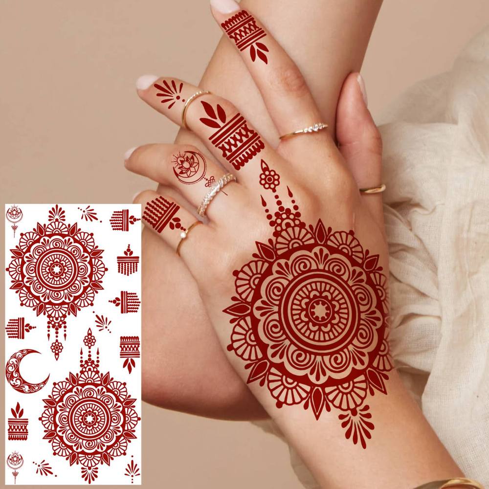 1 Sheet Indian Henna Mandala Ramadan Mubarak Kareem Red Brown Temporary Tattoos For Women Men Adults Hands Foot Forearm Arm Body Art Makeup, Semi Permanent Temp Fake Tattoo Stickers Waterproof Long Lasting Realistic Tatoos For Festival Party Accessory