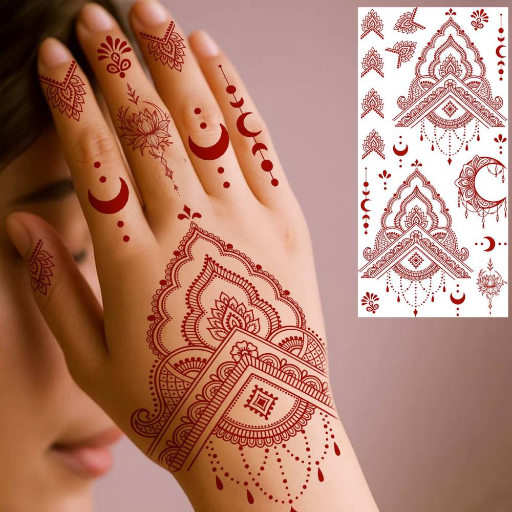 1 Sheet Indian Henna Mandala Ramadan Mubarak Kareem Red Brown Temporary Tattoos For Women Men Adults Hands Foot Forearm Arm Body Art Makeup, Semi Permanent Temp Fake Tattoo Stickers Waterproof Long Lasting Realistic Tatoos For Festival Party Accessory