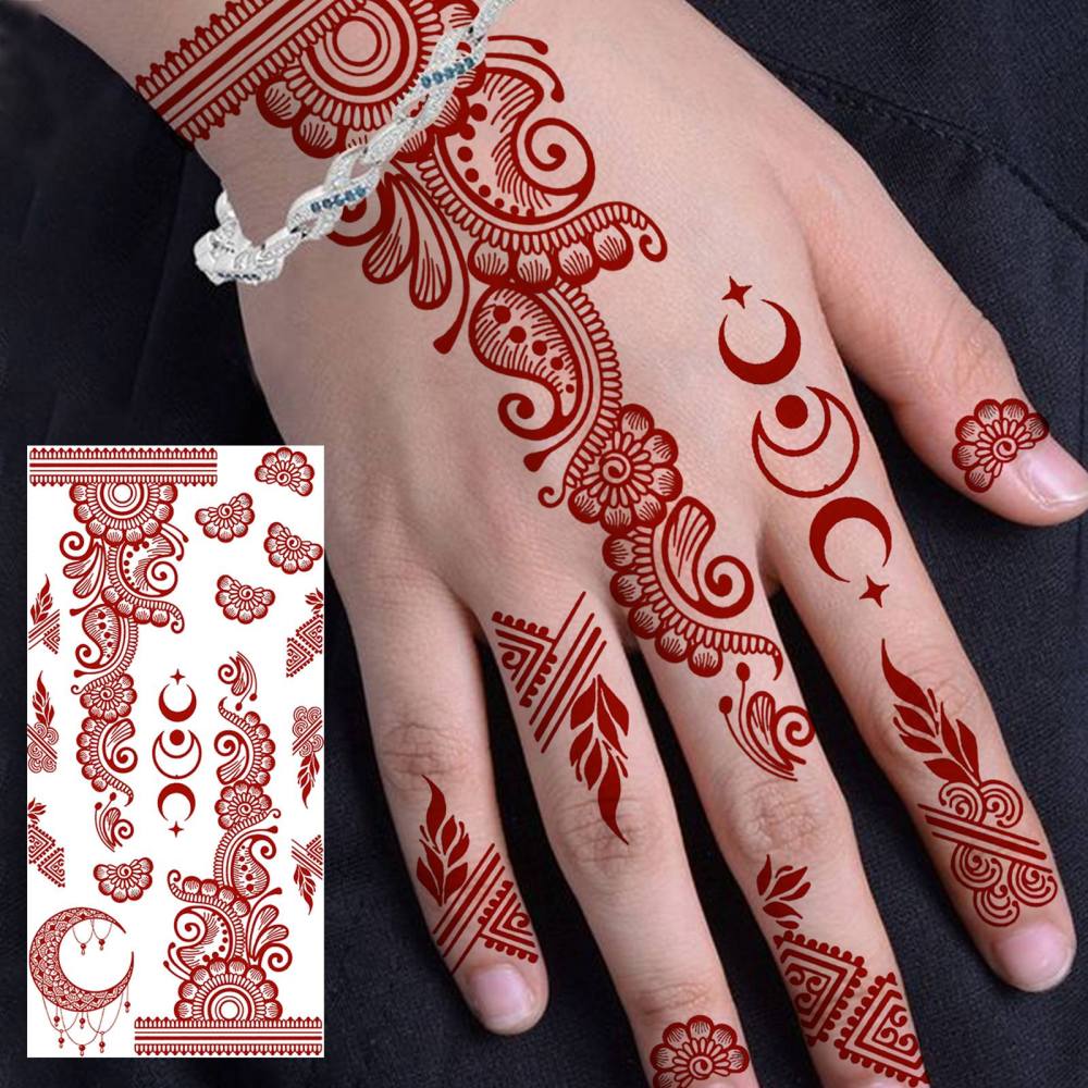 1 Sheet Indian Henna Mandala Ramadan Mubarak Kareem Red Brown Temporary Tattoos For Women Men Adults Hands Foot Forearm Arm Body Art Makeup, Semi Permanent Temp Fake Tattoo Stickers Waterproof Long Lasting Realistic Tatoos For Festival Party Accessory