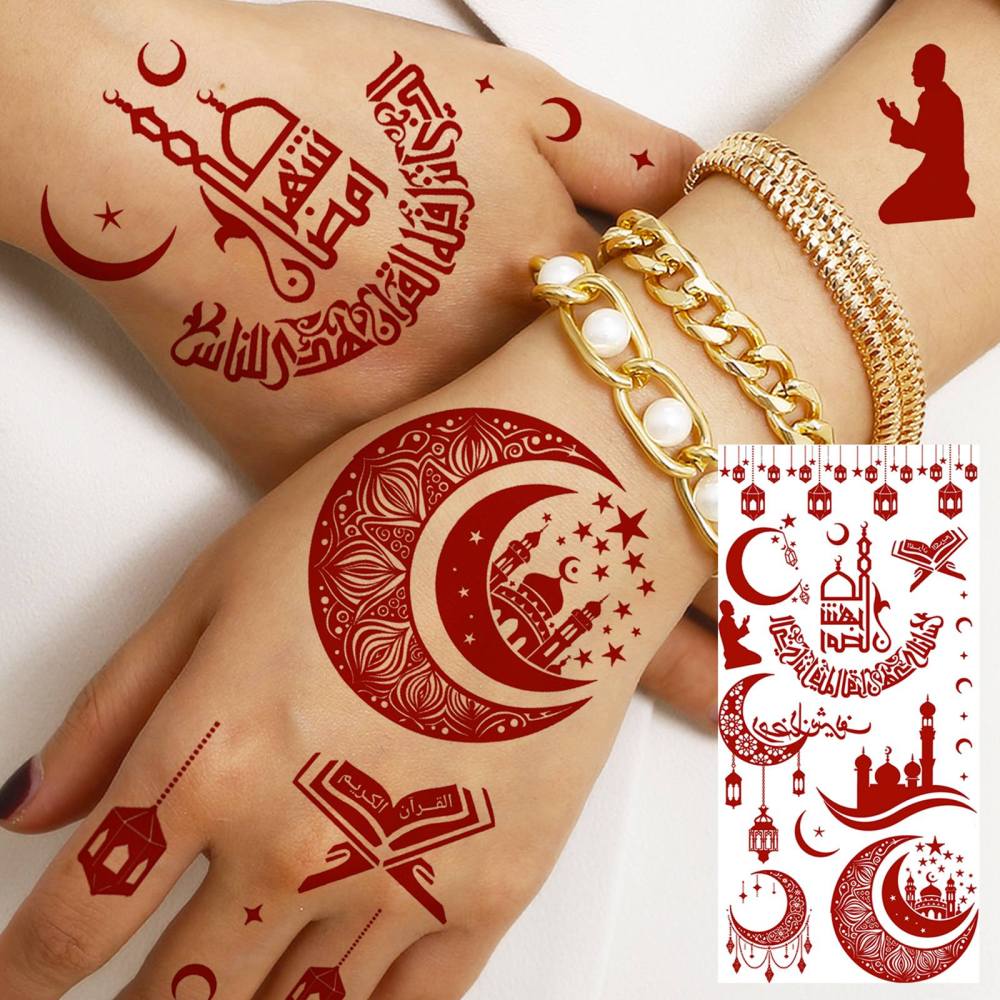 1 Sheet Indian Henna Mandala Ramadan Mubarak Kareem Red Brown Temporary Tattoos For Women Adults Lace Hands Foot Forearm Arm Body Art Makeup, Semi Permanent Temp Fake Tattoo Stickers Waterproof Fake Jewelry Tatoos For Festival Party Accessory