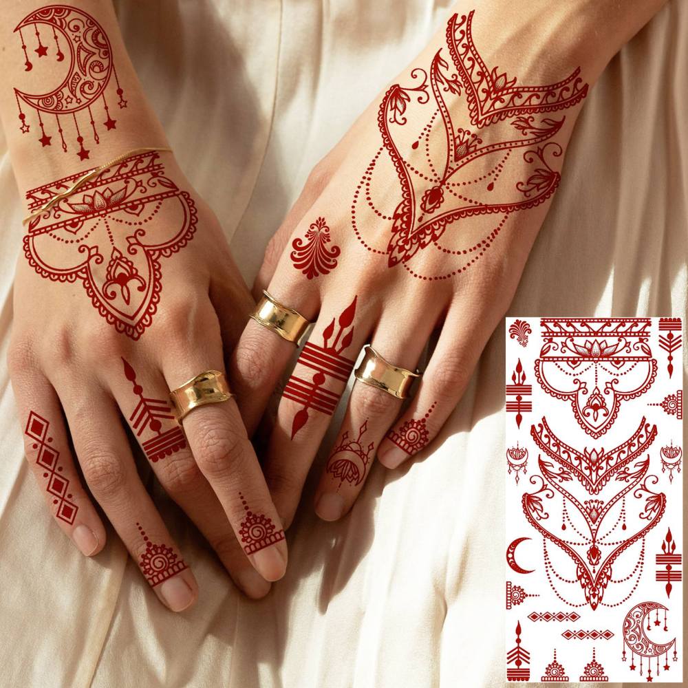 1 Sheet Indian Henna Mandala Ramadan Mubarak Kareem Red Brown Temporary Tattoos For Women Adults Lace Hands Foot Forearm Arm Body Art Makeup, Semi Permanent Temp Fake Tattoo Stickers Waterproof Fake Jewelry Tatoos For Festival Party Accessory