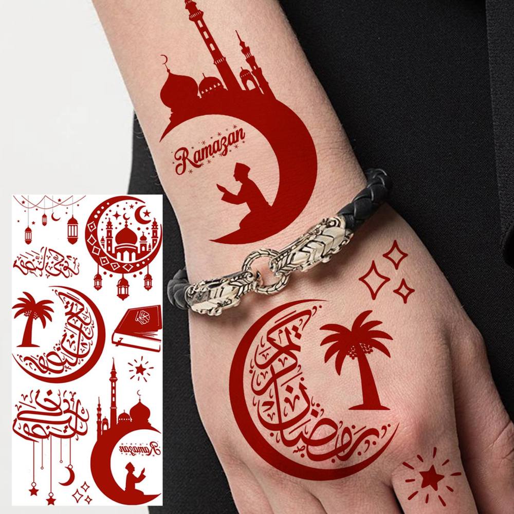 1 Sheet Indian Moon Mandala Ramadan Mubarak Kareem Red Brown Temporary Tattoos For Women Adults Lace Hands Foot Forearm Arm Body Art Makeup, Semi Permanent Temp Fake Tattoo Stickers Waterproof Fake Jewelry Tatoos For Festival Party Accessory