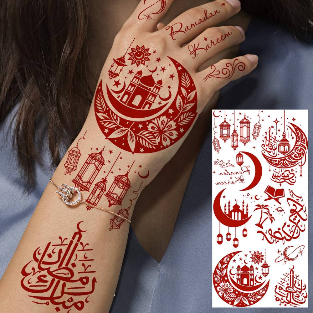 1 Sheet Moon Ramadan Mubarak Kareem Red Brown Temporary Tattoos For Women Adults Lace Hands Foot Forearm Arm Body Art Makeup, Semi Permanent Temp Fake Tattoo Stickers Waterproof Fake Jewelry Tatoos For Festival Party Accessory