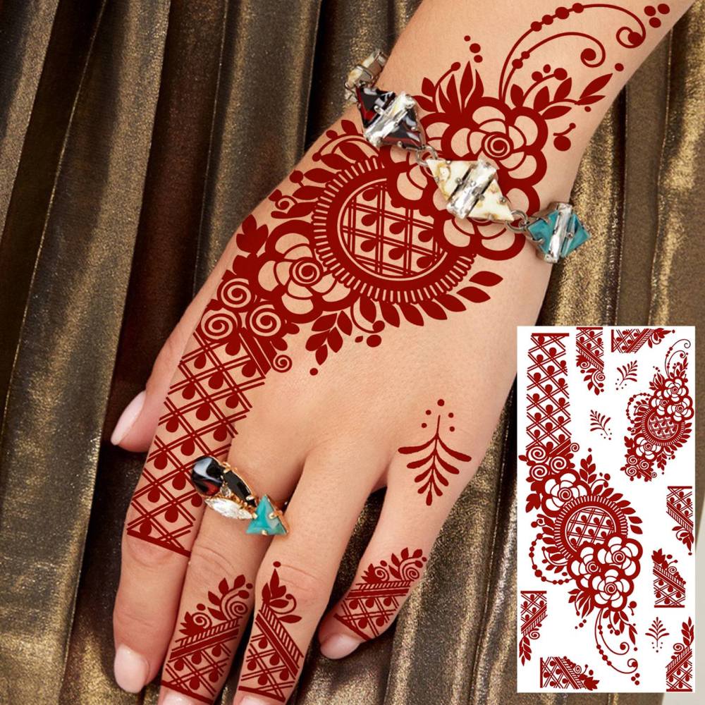 1 Sheet Henna Ramadan Mubarak Kareem Red Brown Temporary Tattoos For Women Adults Lace Hands Foot Forearm Arm Body Art Makeup, Semi Permanent Temp Fake Tattoo Stickers Waterproof Fake Jewelry Tatoos For Festival Party Accessory