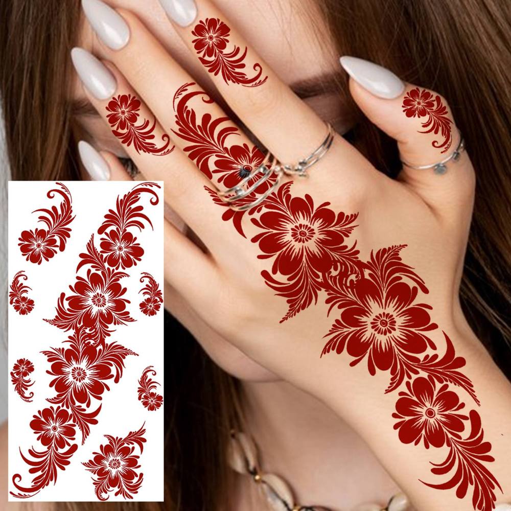1 Sheet Henna Ramadan Mubarak Kareem Red Brown Temporary Tattoos For Women Adults Lace Hands Foot Forearm Arm Body Art Makeup, Semi Permanent Temp Fake Tattoo Stickers Waterproof Fake Jewelry Tatoos For Festival Party Accessory
