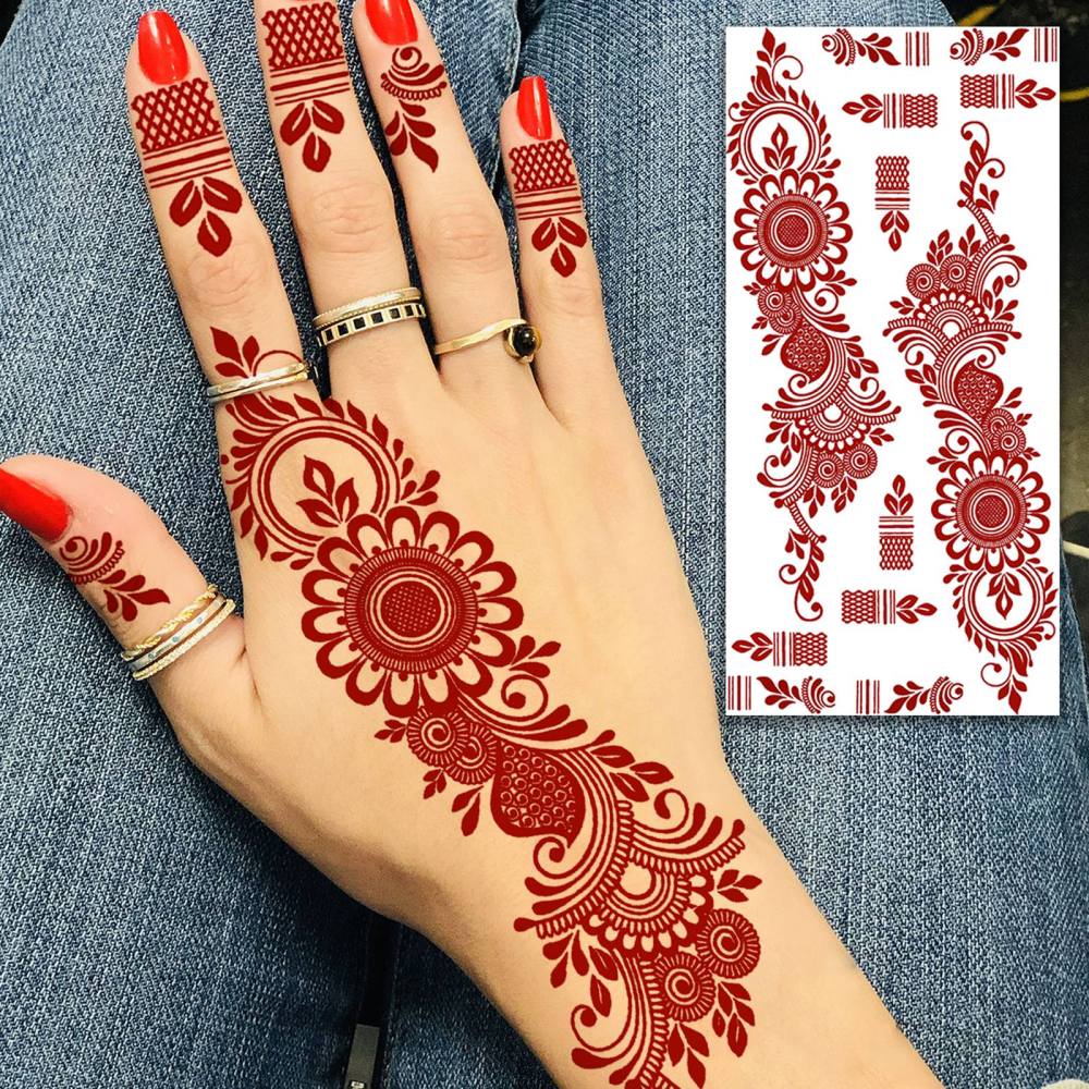 1 Sheet Henna Ramadan Mubarak Kareem Red Brown Temporary Tattoos For Women Adults Lace Hands Foot Forearm Arm Body Art Makeup, Semi Permanent Temp Fake Tattoo Stickers Waterproof Fake Jewelry Tatoos For Festival Party Accessory