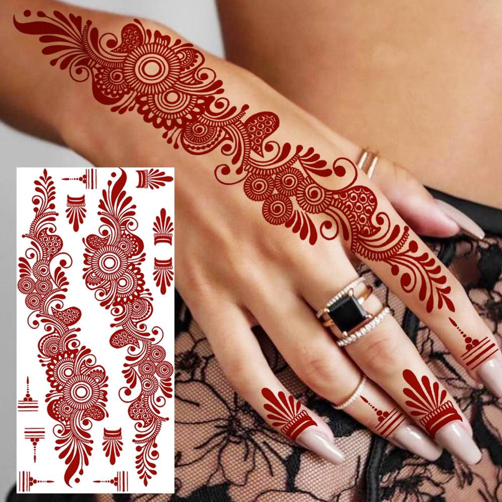 1 Sheet Henna Ramadan Mubarak Kareem Red Brown Temporary Tattoos For Women Adults Lace Hands Foot Forearm Arm Body Art Makeup, Semi Permanent Temp Fake Tattoo Stickers Waterproof Fake Jewelry Tatoos For Festival Party Accessory