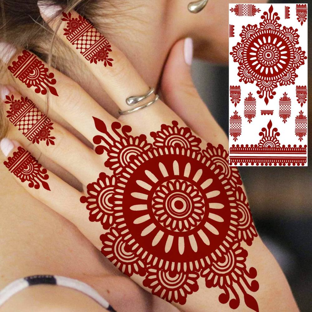1 Sheet Henna Mandala Ramadan Mubarak Kareem Red Brown Temporary Tattoos For Women Adults Lace Hands Foot Forearm Arm Body Art Makeup, Semi Permanent Temp Fake Tattoo Stickers Waterproof Fake Jewelry Tatoos For Festival Party Accessory