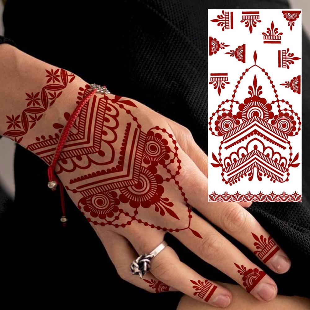 1 Sheet Henna Mandala Ramadan Mubarak Kareem Red Brown Temporary Tattoos For Women Adults Lace Hands Foot Forearm Arm Body Art Makeup, Semi Permanent Temp Fake Tattoo Stickers Waterproof Fake Jewelry Tatoos For Festival Party Accessory