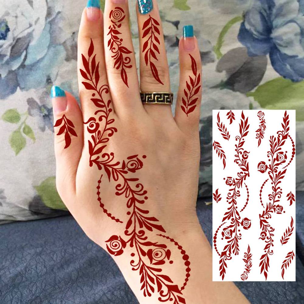 1 Sheet Henna Mandala Ramadan Mubarak Kareem Red Brown Temporary Tattoos For Women Adults Lace Hands Foot Forearm Arm Body Art Makeup, Semi Permanent Temp Fake Tattoo Stickers Waterproof Fake Jewelry Tatoos For Festival Party Accessory