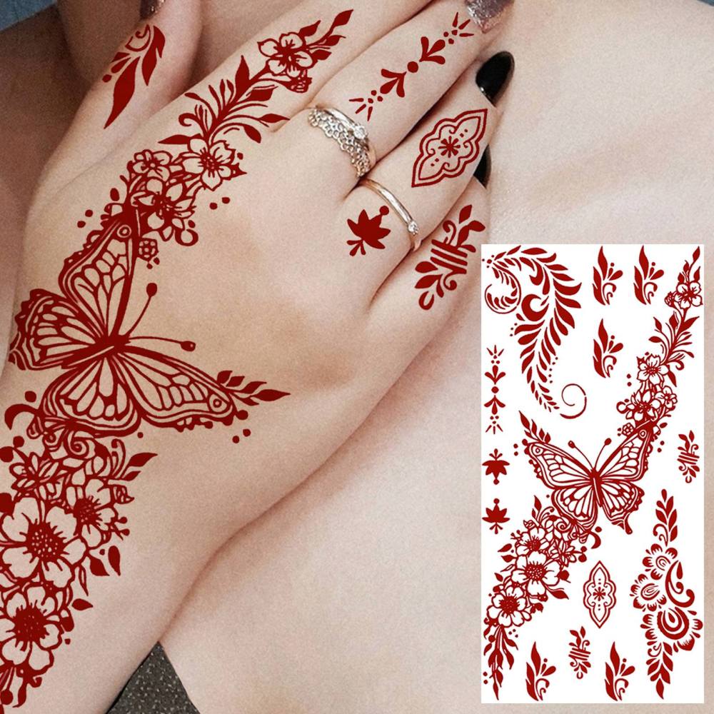 1 Sheet Henna Mandala Ramadan Mubarak Kareem Red Brown Temporary Tattoos For Women Adults Lace Hands Foot Forearm Arm Body Art Makeup, Semi Permanent Temp Fake Tattoo Stickers Waterproof Fake Jewelry Tatoos For Festival Party Accessory