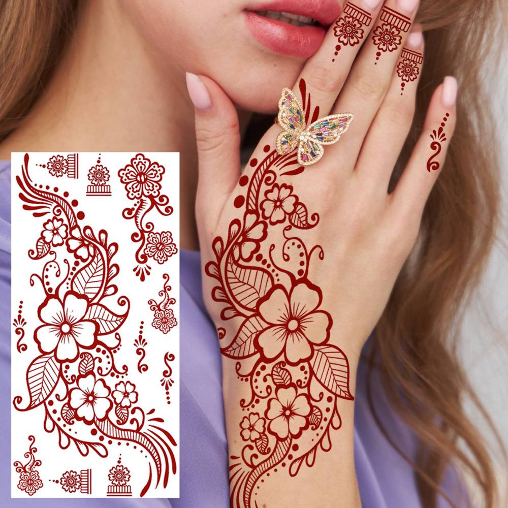 1 Sheet Henna Mandala Ramadan Mubarak Kareem Red Brown Temporary Tattoos For Women Adults Lace Hands Foot Forearm Arm Body Art Makeup, Semi Permanent Temp Fake Tattoo Stickers Waterproof Fake Jewelry Tatoos For Festival Party Accessory
