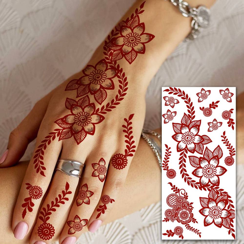 1 Sheet Henna Mandala Ramadan Mubarak Kareem Red Brown Temporary Tattoos For Women Adults Lace Hands Foot Forearm Arm Body Art Makeup, Semi Permanent Temp Fake Tattoo Stickers Waterproof Fake Jewelry Tatoos For Festival Party Accessory