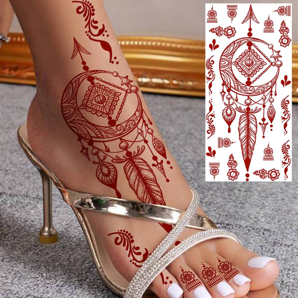 1 Sheet Henna Mandala Ramadan Mubarak Kareem Red Brown Temporary Tattoos For Women Adults Lace Hands Foot Forearm Arm Body Art Makeup, Semi Permanent Temp Fake Tattoo Stickers Waterproof Fake Jewelry Tatoos For Festival Party Accessory