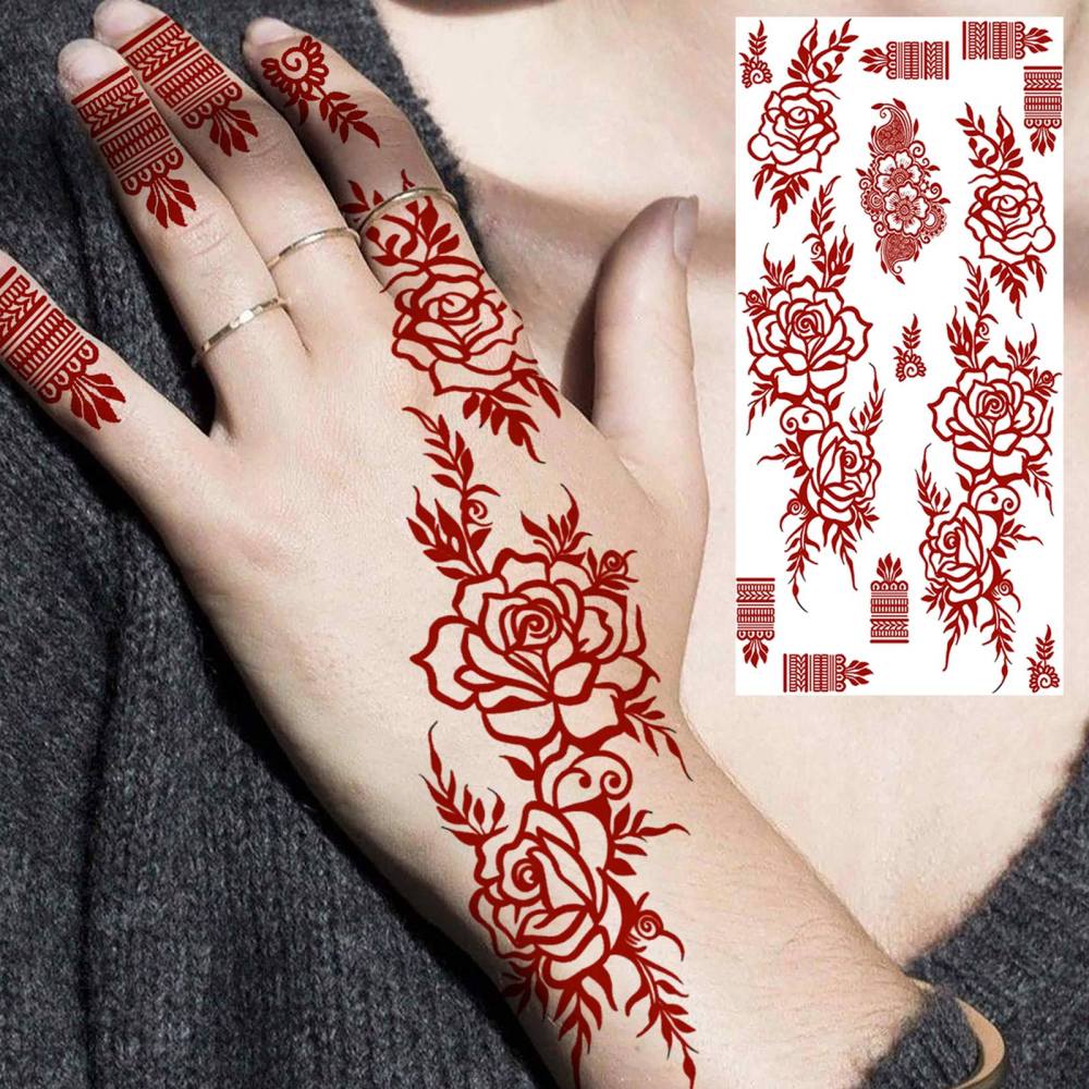 1 Sheet Henna Mandala Ramadan Mubarak Kareem Red Brown Temporary Tattoos For Women Adults Lace Hands Foot Forearm Arm Body Art Makeup, Semi Permanent Temp Fake Tattoo Stickers Waterproof Fake Jewelry Tatoos For Festival Party Accessory