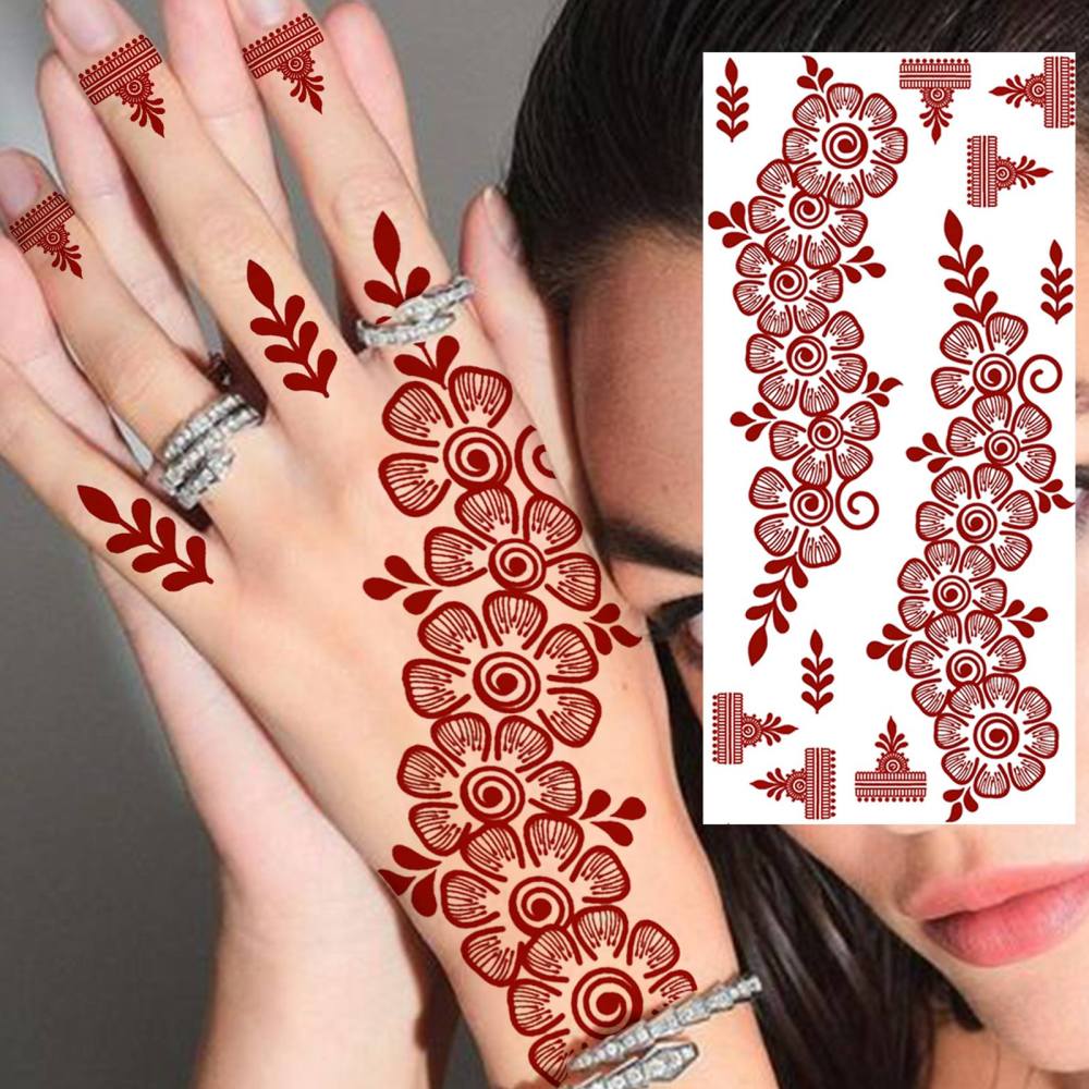 1 Sheet Henna Mandala Ramadan Mubarak Kareem Red Brown Temporary Tattoos For Women Adults Lace Hands Foot Forearm Arm Body Art Makeup, Semi Permanent Temp Fake Tattoo Stickers Waterproof Fake Jewelry Tatoos For Festival Party Accessory