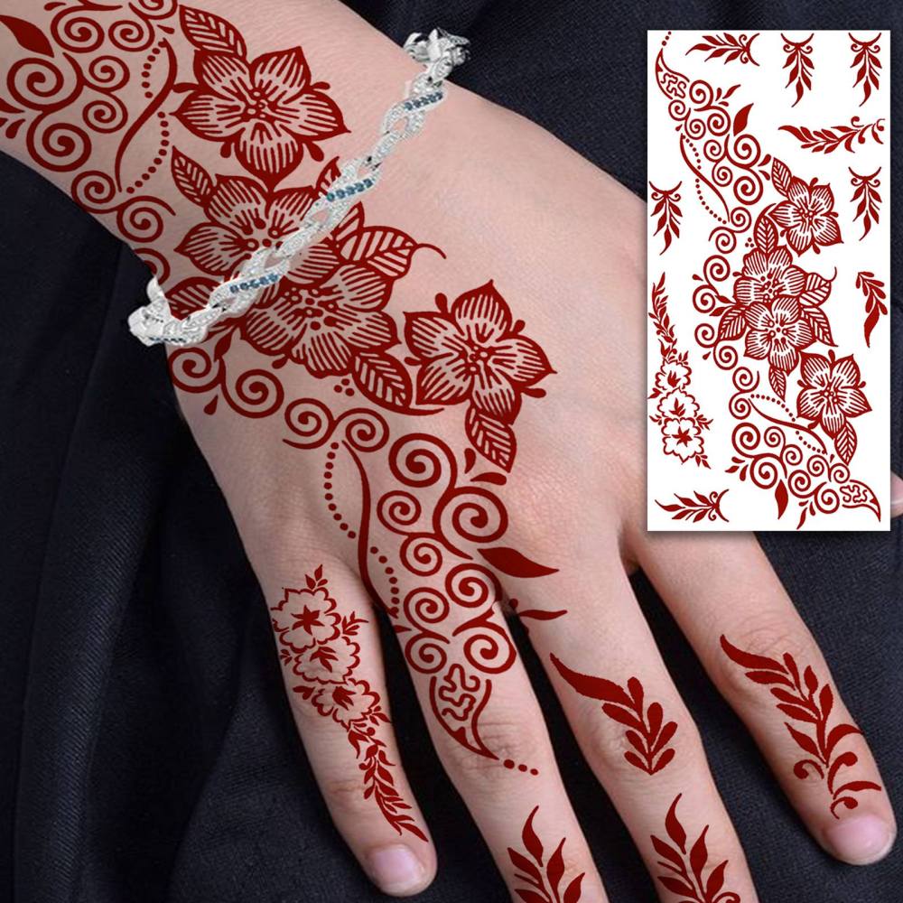 1 Sheet Henna Mandala Ramadan Mubarak Kareem Red Brown Temporary Tattoos For Women Adults Lace Hands Foot Forearm Arm Body Art Makeup, Semi Permanent Temp Fake Tattoo Stickers Waterproof Fake Jewelry Tatoos For Festival Party Accessory