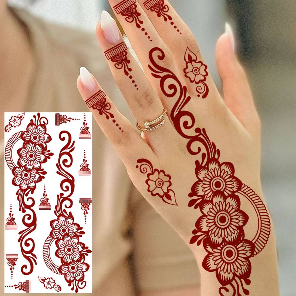 1 Sheet Henna Mandala Ramadan Mubarak Kareem Red Brown Temporary Tattoos For Women Adults Lace Hands Foot Forearm Arm Body Art Makeup, Semi Permanent Temp Fake Tattoo Stickers Waterproof Fake Jewelry Tatoos For Festival Party Accessory