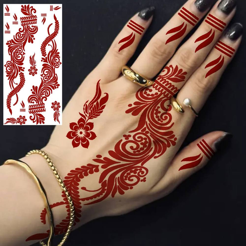 1 Sheet Henna Mandala Ramadan Mubarak Kareem Red Brown Temporary Tattoos For Women Adults Lace Hands Foot Forearm Arm Body Art Makeup, Semi Permanent Temp Fake Tattoo Stickers Waterproof Fake Jewelry Tatoos For Festival Party Accessory
