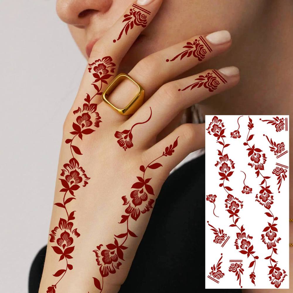 1 Sheet Henna Mandala Ramadan Mubarak Kareem Red Brown Temporary Tattoos For Women Adults Lace Hands Foot Forearm Arm Body Art Makeup, Semi Permanent Temp Fake Tattoo Stickers Waterproof Fake Jewelry Tatoos For Festival Party Accessory