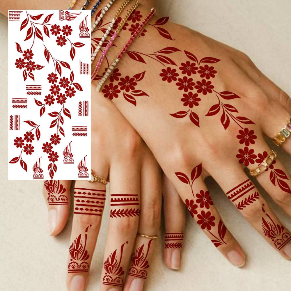 1 Sheet Henna Mandala Ramadan Mubarak Kareem Red Brown Temporary Tattoos For Women Adults Lace Hands Foot Forearm Arm Body Art Makeup, Semi Permanent Temp Fake Tattoo Stickers Waterproof Fake Jewelry Tatoos For Festival Party Accessory