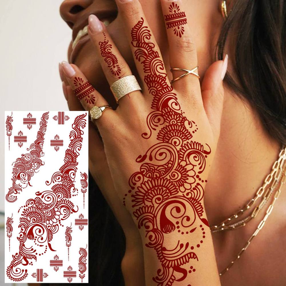 1 Sheet Henna Mandala Ramadan Mubarak Kareem Red Brown Temporary Tattoos For Women Adults Lace Hands Foot Forearm Arm Body Art Makeup, Semi Permanent Temp Fake Tattoo Stickers Waterproof Fake Jewelry Tatoos For Festival Party Accessory
