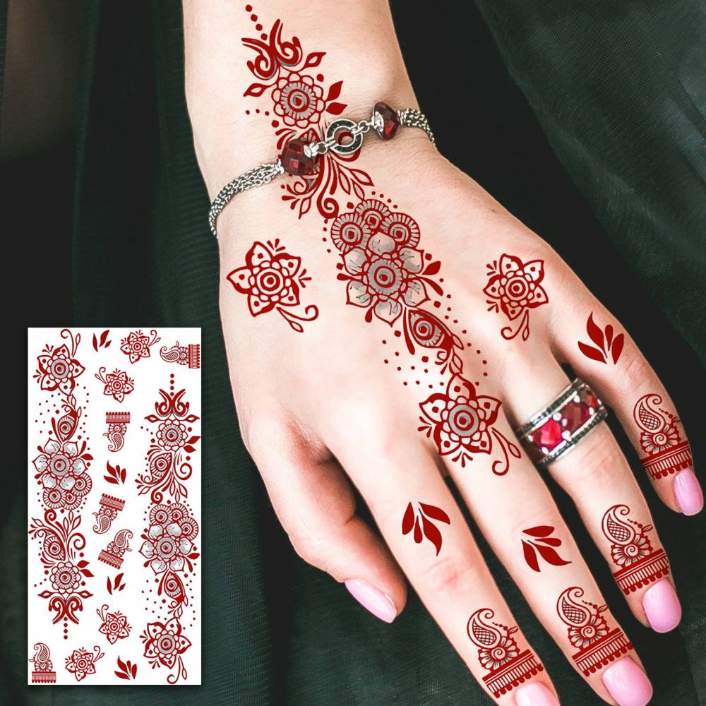 1 Sheet Henna Mandala Ramadan Mubarak Kareem Red Brown Temporary Tattoos For Women Adults Lace Hands Foot Forearm Arm Body Art Makeup, Semi Permanent Temp Fake Tattoo Stickers Waterproof Fake Jewelry Tatoos For Festival Party Accessory
