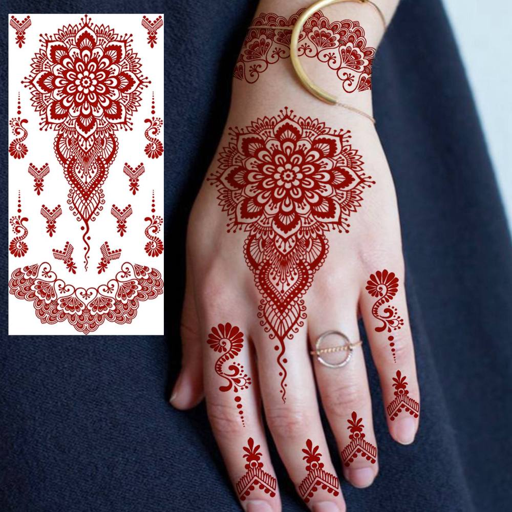 1 Sheet Henna Mandala Ramadan Mubarak Kareem Red Brown Temporary Tattoos For Women Adults Lace Hands Foot Forearm Arm Body Art Makeup, Semi Permanent Temp Fake Tattoo Stickers Waterproof Fake Jewelry Tatoos For Festival Party Accessory