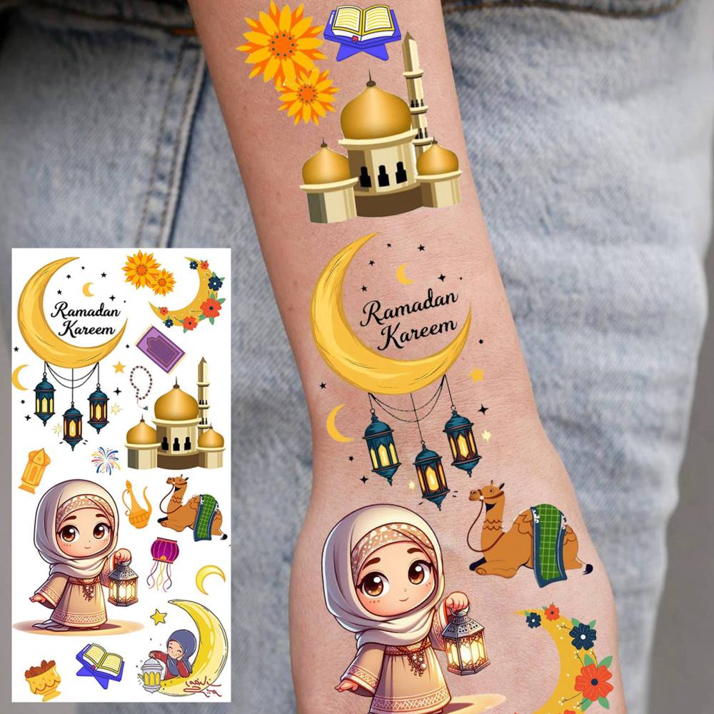 1 Sheet Crescent Moon Ramadan Mubarak Kareem  Temporary Tattoos For Women Adults Kids Men Lace Hands Foot Forearm Arm Body Art Makeup, Semi Permanent Temp Fake Tattoo Stickers Waterproof Tatoos For Festival Party Accessory