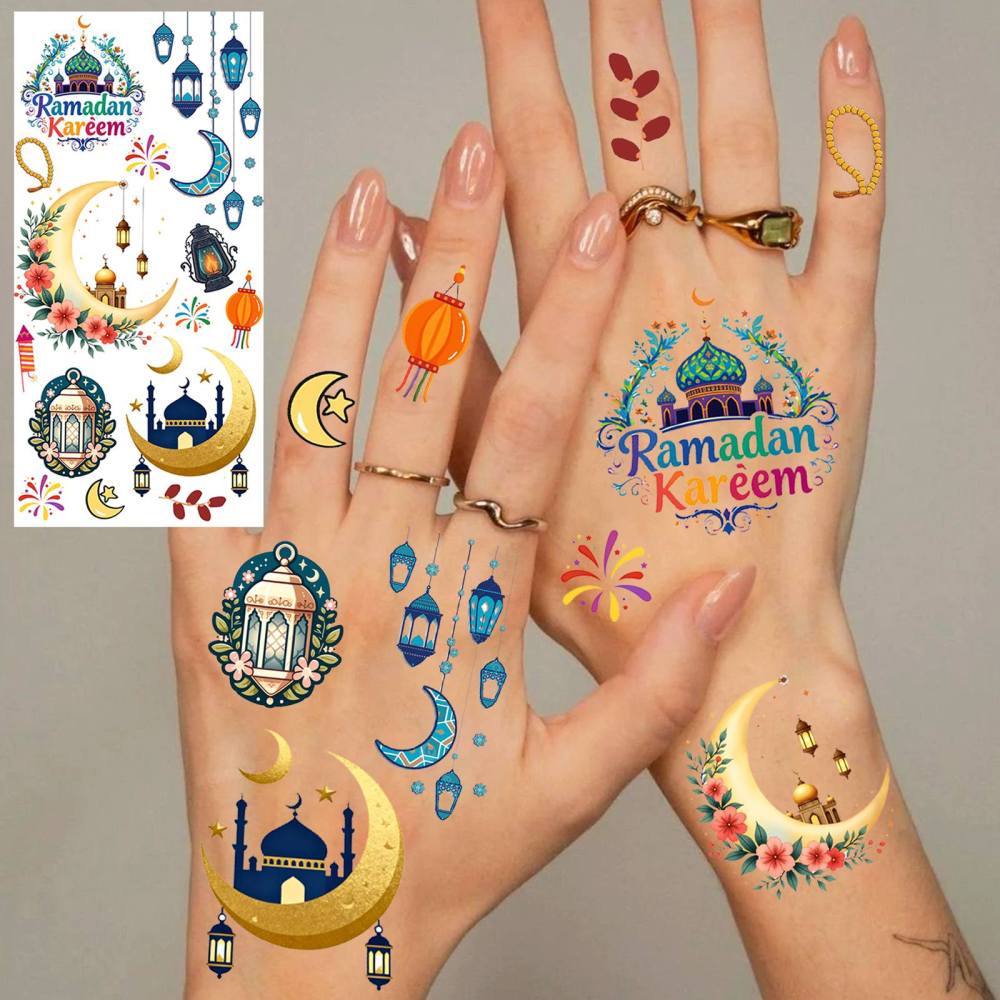 1 Sheet Crescent Moon Ramadan Mubarak Kareem  Temporary Tattoos For Women Adults Kids Men Lace Hands Foot Forearm Arm Body Art Makeup, Semi Permanent Temp Fake Tattoo Stickers Waterproof Tatoos For Festival Party Accessory