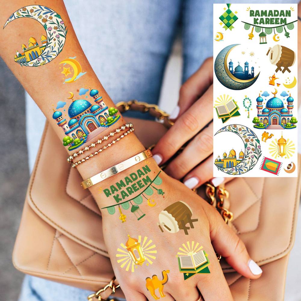 1 Sheet Crescent Moon Ramadan Mubarak Kareem  Temporary Tattoos For Women Adults Kids Men Lace Hands Foot Forearm Arm Body Art Makeup, Semi Permanent Temp Fake Tattoo Stickers Waterproof Tatoos For Festival Party Accessory