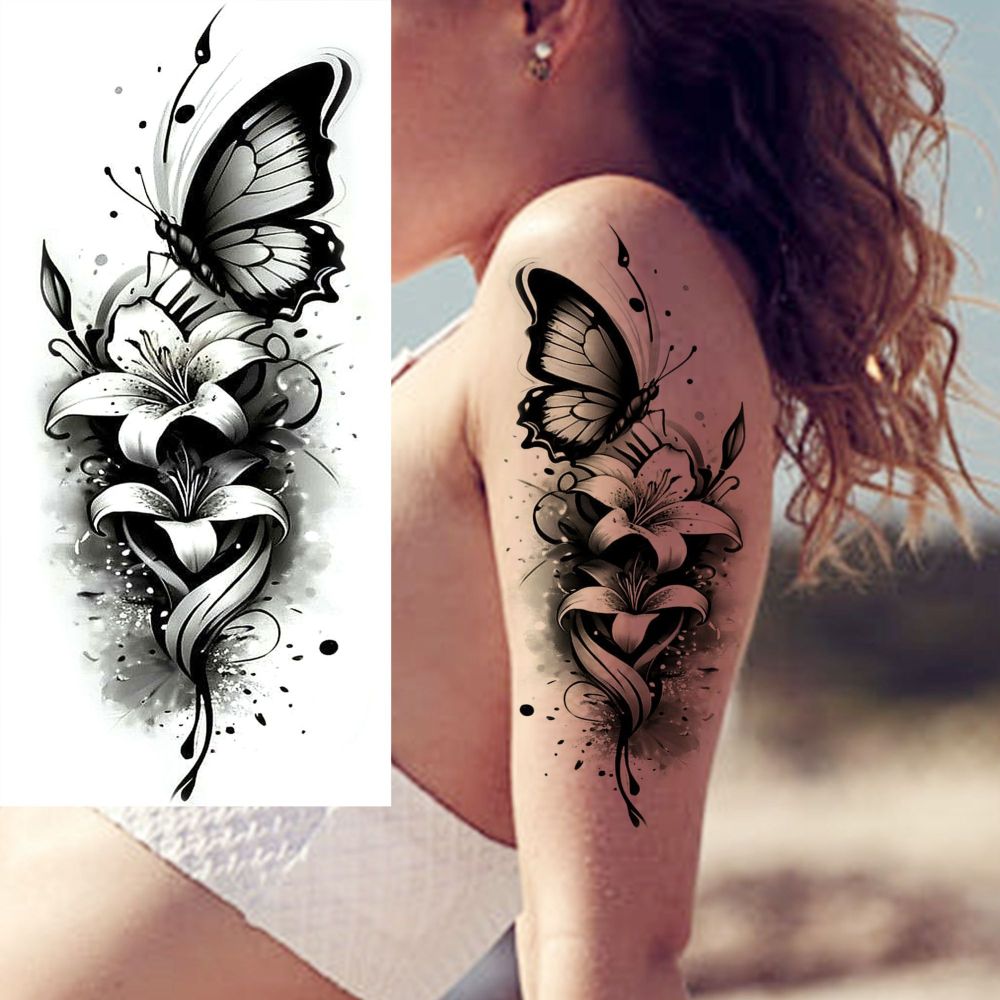 8 Sheets Butterfly Flower Temporary Tattoos For Women Men Adults Hands Finger Foot Neck Clavicle Shank Arm Body Art Makeup, Semi Permanent Fake Tattoo Stickers Waterproof Long Lasting Realistic Tatoos