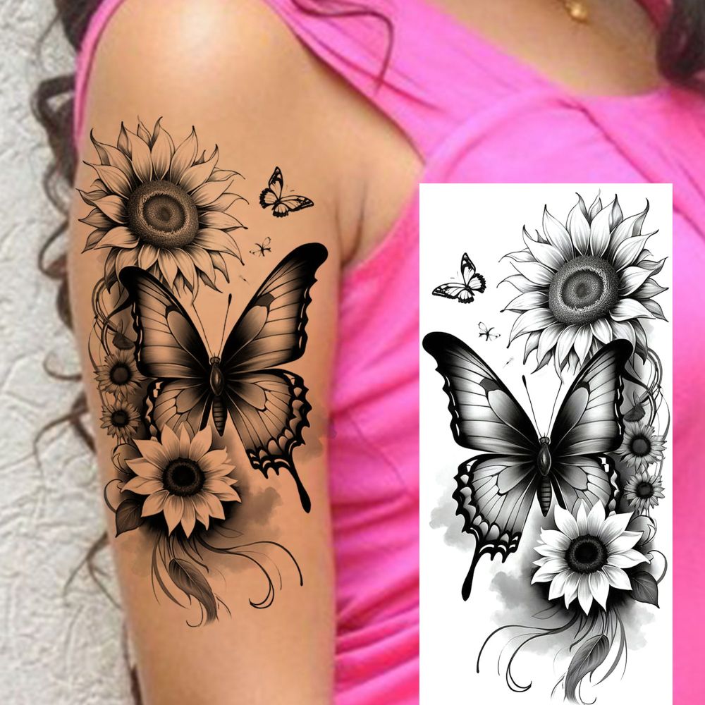 8 Sheets Butterfly Flower Temporary Tattoos For Women Men Adults Hands Finger Foot Neck Clavicle Shank Arm Body Art Makeup, Semi Permanent Fake Tattoo Stickers Waterproof Long Lasting Realistic Tatoos