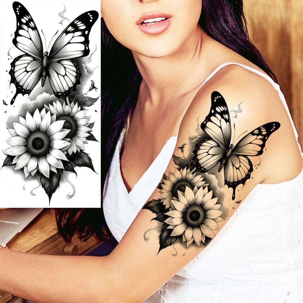 8 Sheets Butterfly Flower Temporary Tattoos For Women Men Adults Hands Finger Foot Neck Clavicle Shank Arm Body Art Makeup, Semi Permanent Fake Tattoo Stickers Waterproof Long Lasting Realistic Tatoos