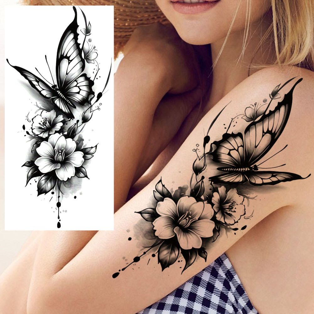 8 Sheets Butterfly Flower Temporary Tattoos For Women Men Adults Hands Finger Foot Neck Clavicle Shank Arm Body Art Makeup, Semi Permanent Fake Tattoo Stickers Waterproof Long Lasting Realistic Tatoos
