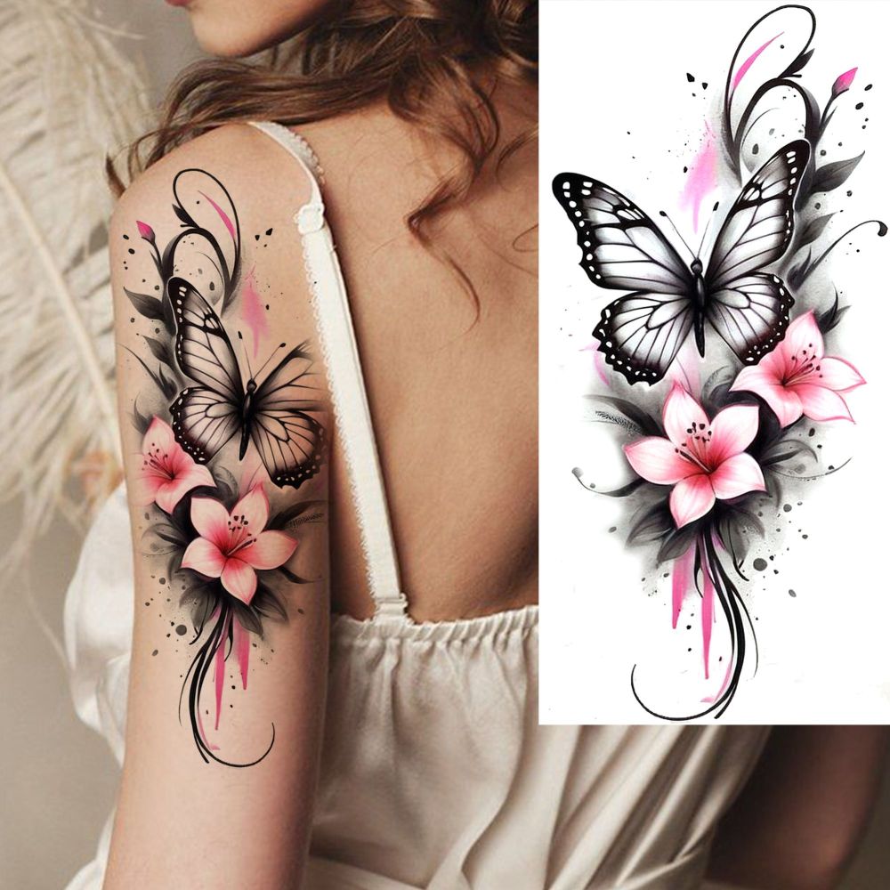 8 Sheets Butterfly Flower Temporary Tattoos For Women Men Adults Hands Finger Foot Neck Clavicle Shank Arm Body Art Makeup, Semi Permanent Fake Tattoo Stickers Waterproof Long Lasting Realistic Tatoos