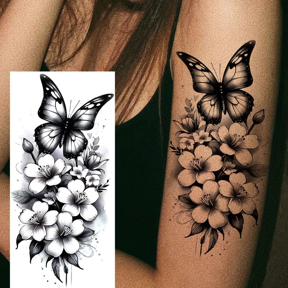 8 Sheets Butterfly Flower Temporary Tattoos For Women Men Adults Hands Finger Foot Neck Clavicle Shank Arm Body Art Makeup, Semi Permanent Fake Tattoo Stickers Waterproof Long Lasting Realistic Tatoos
