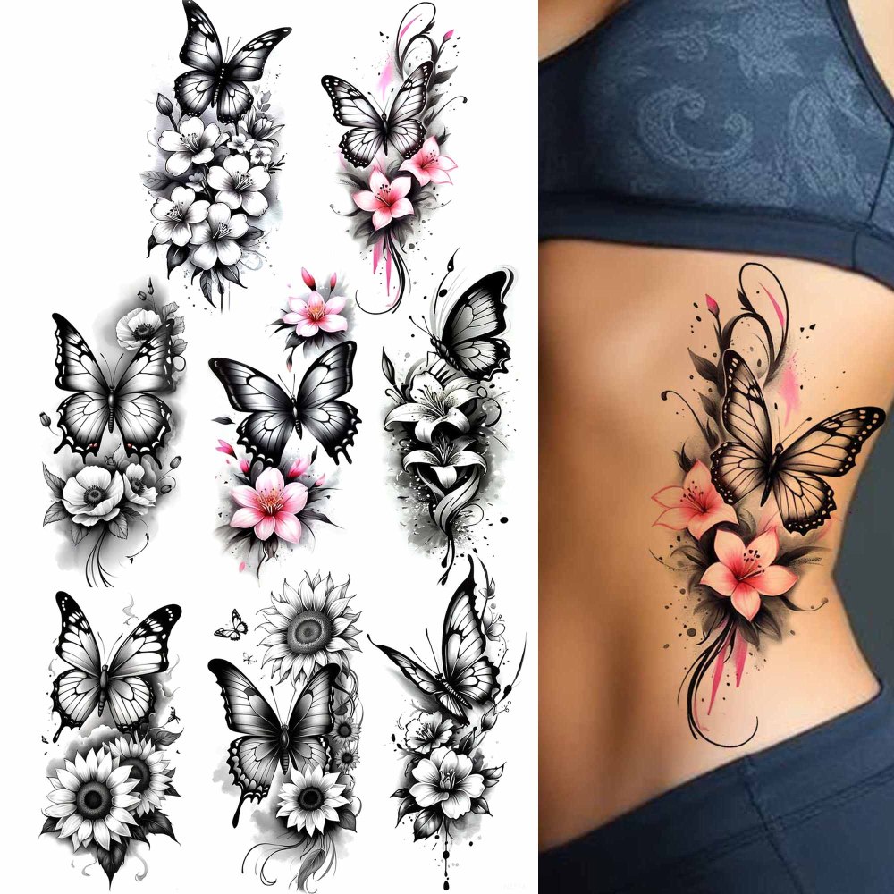8 Sheets Butterfly Flower Temporary Tattoos For Women Men Adults Hands Finger Foot Neck Clavicle Shank Arm Body Art Makeup, Semi Permanent Fake Tattoo Stickers Waterproof Long Lasting Realistic Tatoos