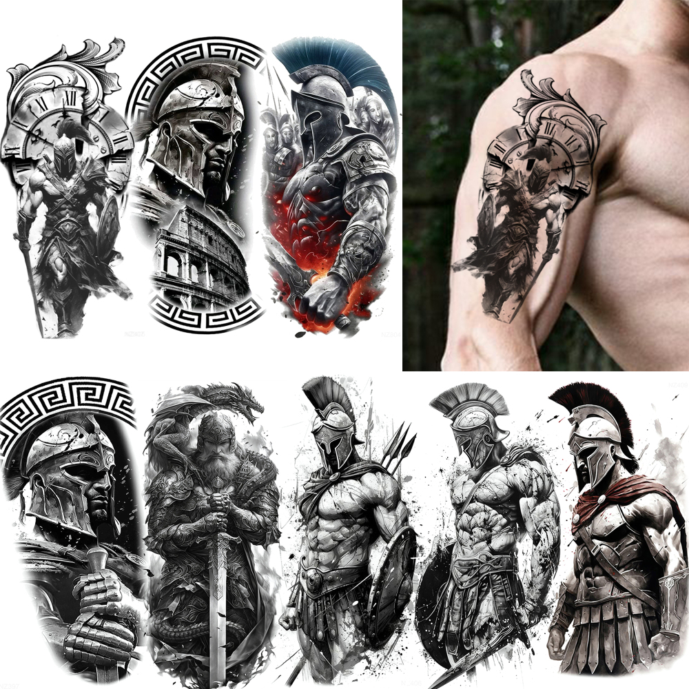 8 Sheets Warrior Temporary Tattoos For Women Men Adults Hands Finger Foot Neck Clavicle Shank Arm Body Art Makeup, Semi Permanent Fake Tattoo Stickers Waterproof Long Lasting Realistic Tatoos