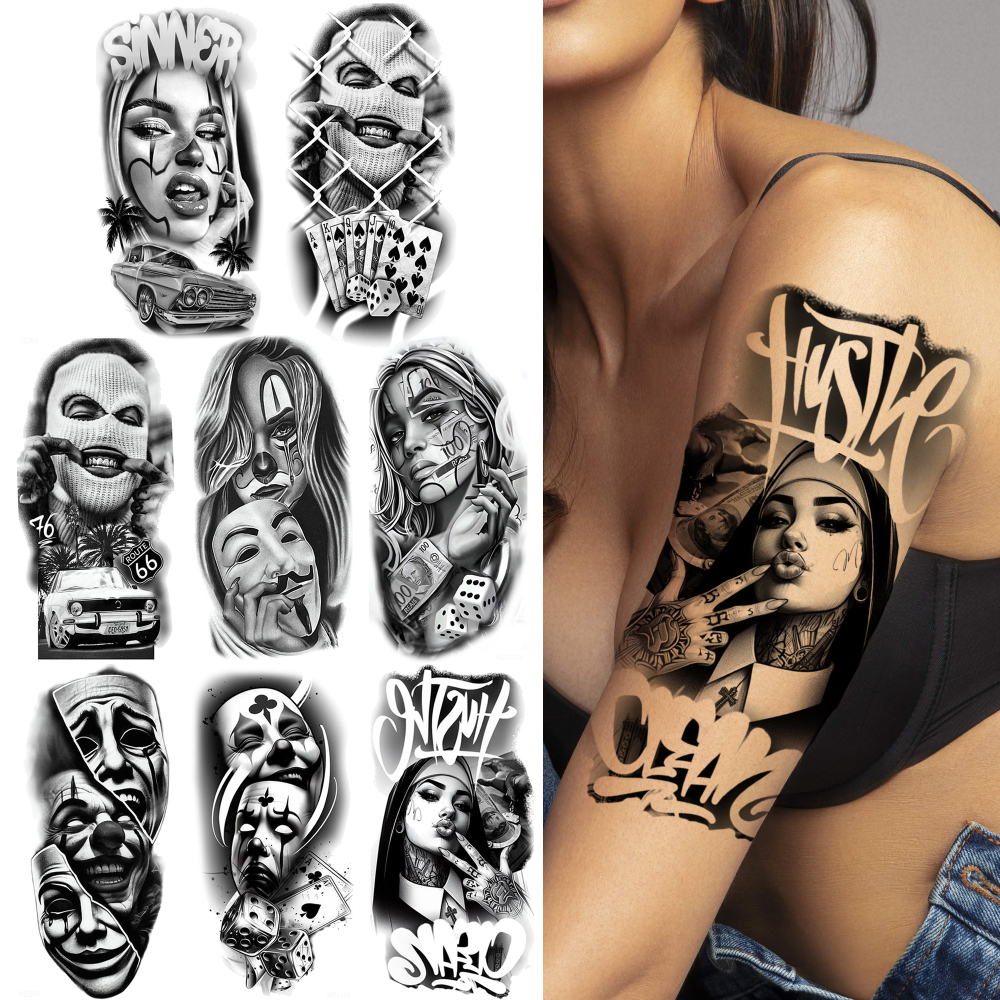 8 Sheets Chicano Temporary Tattoos For Women Men Adults Hands Finger Foot Neck Clavicle Shank Arm Body Art Makeup, Semi Permanent Fake Tattoo Stickers Waterproof Long Lasting Realistic Tatoos