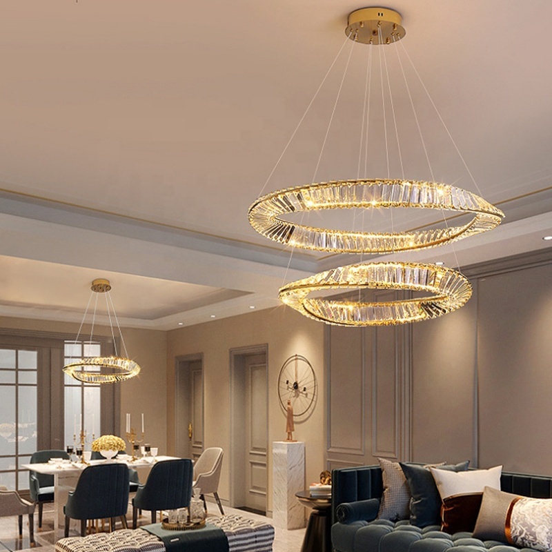Hotel Lobby Lighting LED Lamps Living Room Decor Stainless Steel Plating Gold Round Ring Crystal Chandelier Pendant Light