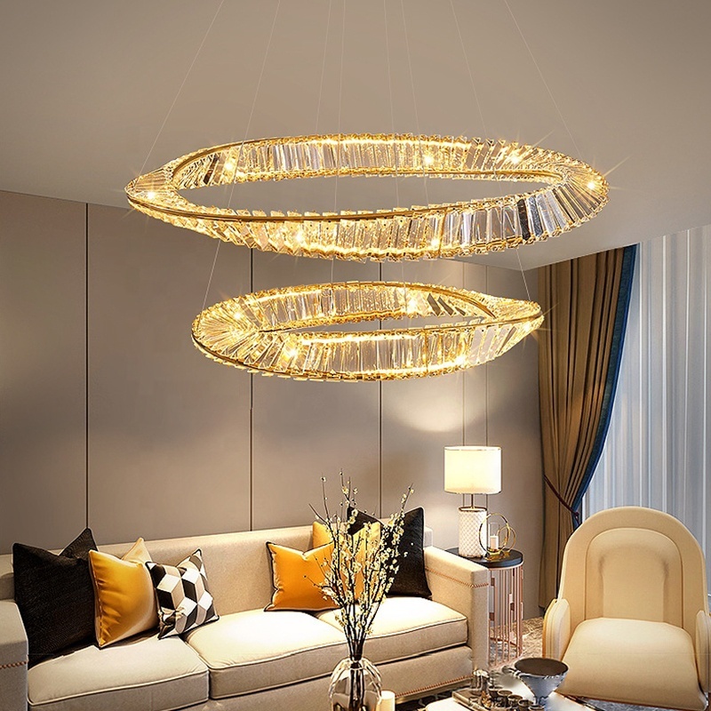 Hotel Lobby Lighting LED Lamps Living Room Decor Stainless Steel Plating Gold Round Ring Crystal Chandelier Pendant Light