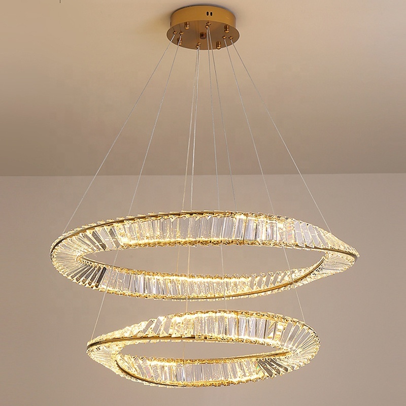 Hotel Lobby Lighting LED Lamps Living Room Decor Stainless Steel Plating Gold Round Ring Crystal Chandelier Pendant Light