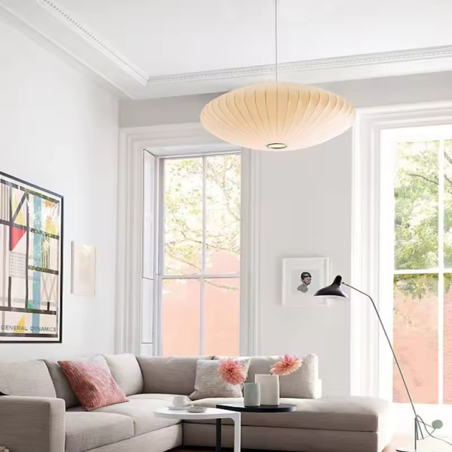 Modern Silk Lantern Pendant Light Round Fabric Nelson Bubble Pendant Lamp Light Chandelier for Living Room Home Hotel