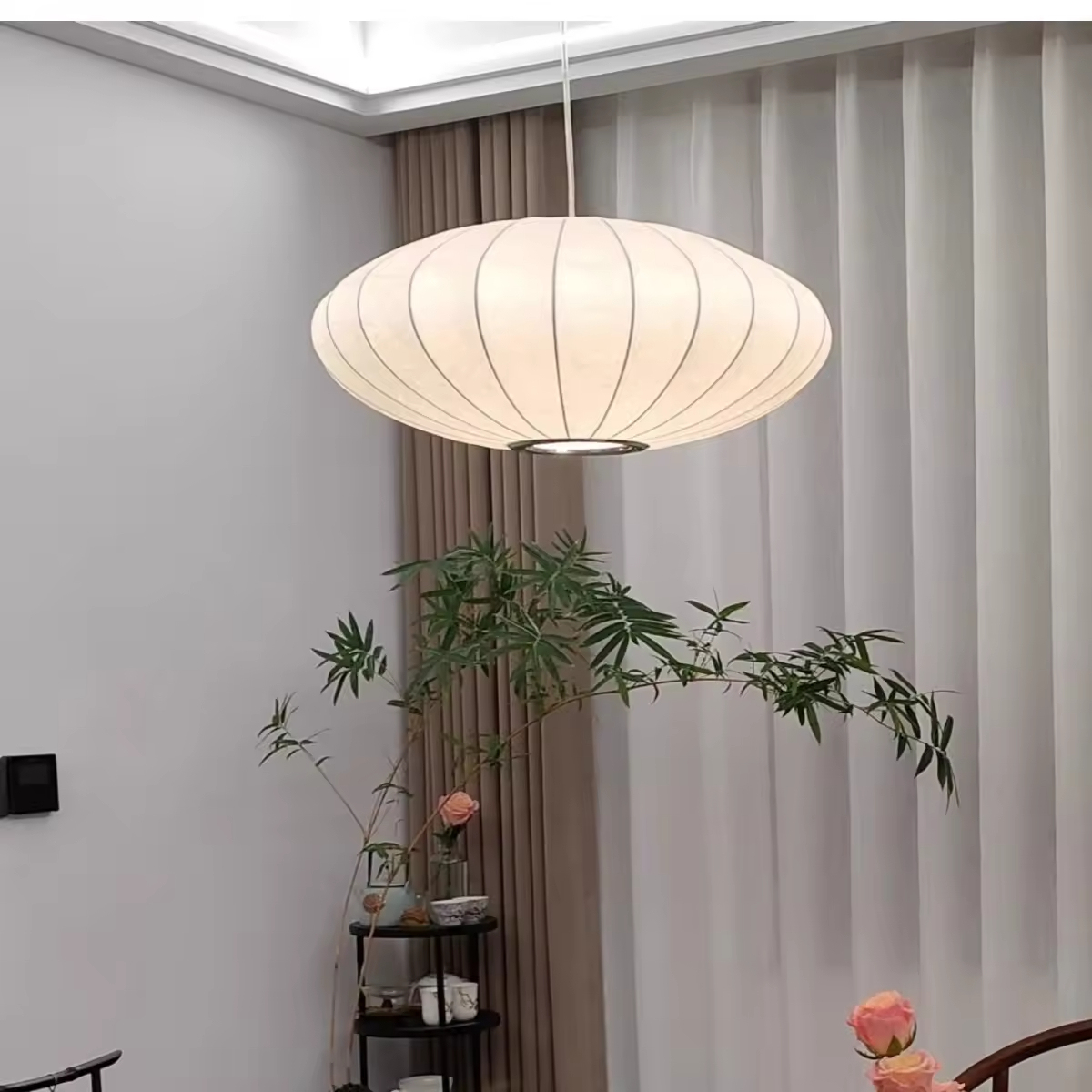 Modern Silk Lantern Pendant Light Round Fabric Nelson Bubble Pendant Lamp Light Chandelier for Living Room Home Hotel