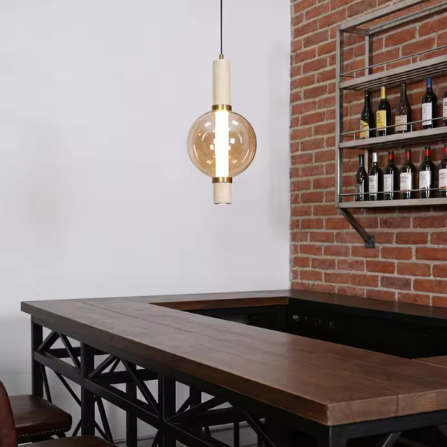 Nordic Designer Pendant Lights Luxury LED Dining Room Lamp Travertine Base Creative Glass Ball Pendant Light for Living Room