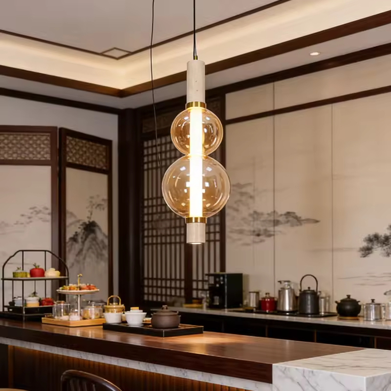 Nordic Designer Pendant Lights Luxury LED Dining Room Lamp Travertine Base Creative Glass Ball Pendant Light for Living Room