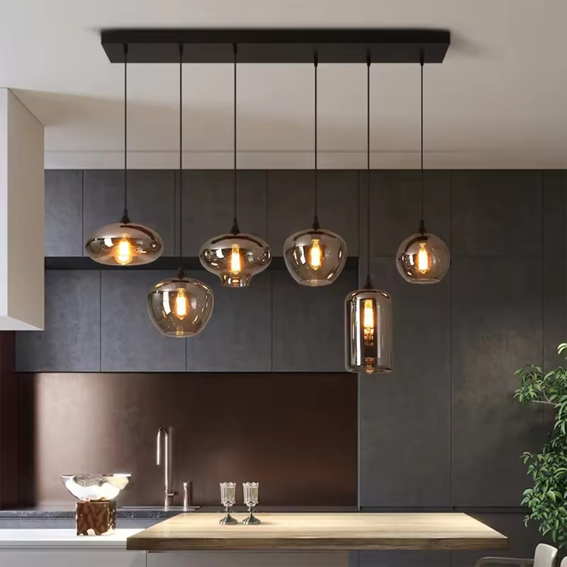Modern Kitchen Island Smoke Grey Glass Ball Hanging Lamp Nordic Hotel Living Room Decor Glass Pendant Lamp